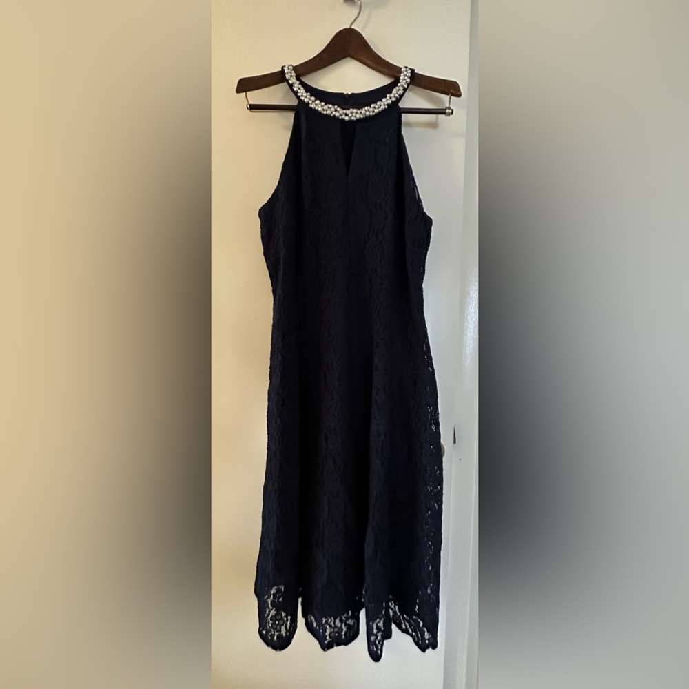 Navy Lace cocktail Dress with Beaded neckline by London Times